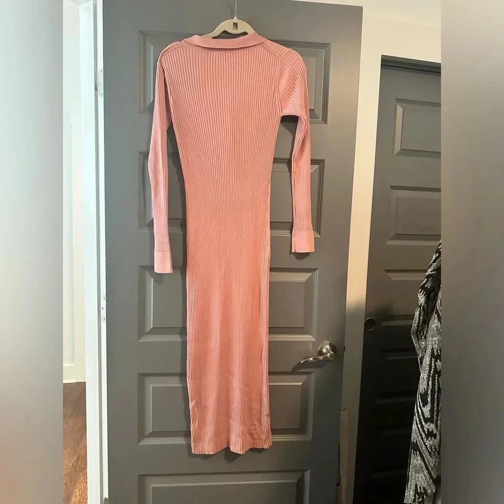 STAUD Napa Ribbed Long Sleeve Midi Dress in Blush NWT size L - Picture 3 of 7